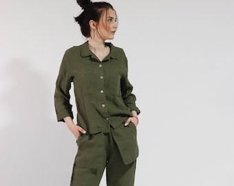 Linen pajama ENGEL cocos bottons . Linen pajama set  . Linen shirt  and linen pants .