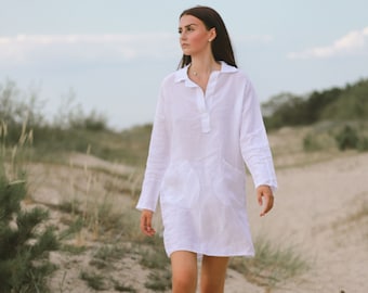 Linen tunic  shirt BIANCA.White linen shirt, linen shirt dress, linen clothing for women