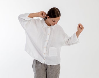 Chemise en lin blanche LILY. Chemise en lin pour femme, chemise à manches 3/4, chemise grande taille, chemise tunique, chemise bohème