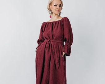 Linen dress ESTELLA . Off the shoulder dress. Linen dress long  sleeves. Linen kaftan,  Linen clothing for women.