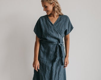 Linen wrap dress EMILY. Loose wrap linen dress with pockets, short sleeves, linen womens clothing