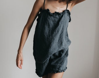 Linen pajama JULLIETTE,  linen top and linen shorts, slip dress, slip top, pajama set