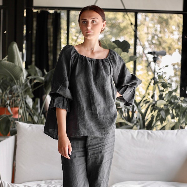 Linen shirt ESTELLA  and linen pants .Linen set . Off shoulder shirt