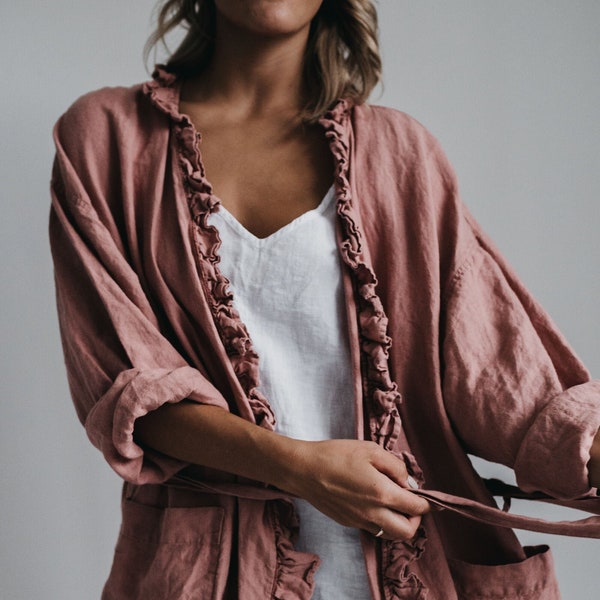 Vestido de lino ADELE. Vestido cruzado de lino. Bata de lino, vestido midi.