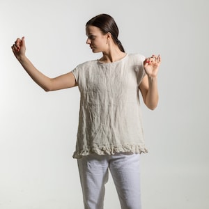 Linnen overhemd SOFIA.  Linnen tuniekshirt met relaxte pasvorm. Korte mouwen, linnen top, korte linnen jurk