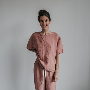 Linen shirt ELSA and linen pants . Short sleeve shirt relaxed fit, tunic shirt , T-shirt , linen pajama set,Natural loose linen pants havanna