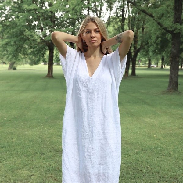 Linen dress EVA short sleeves . Linen kaftan, linen tunic dress. Linen clothing for women.