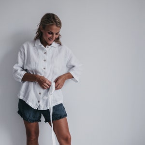 White Linen shirt Winnie.  Linen shirt  women, 3/4 sleeves  shirt , plus size shirt, tunic shirt , boho shirt