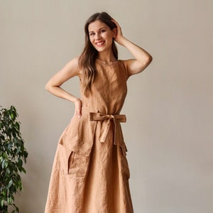 Linen dress  EDEN  with pockets, color camel