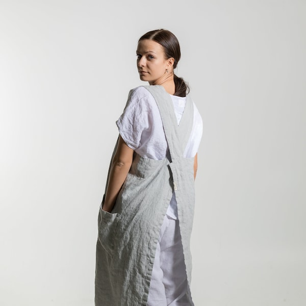 Linen pinafore apron NICA .  Square cross linen apron. Japanese style apron. Natural long linen apron