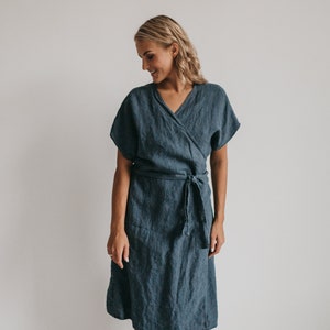 Linen wrap dress EMILY. Loose wrap linen dress with pockets, short sleeves, linen womens clothing