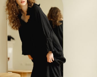 Linen dress JACKY . Off the shoulder dress. Linen dress long  sleeves. Linen kaftan