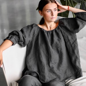 Linen shirt ESTELLA  and linen pants .Linen set . Off shoulder shirt