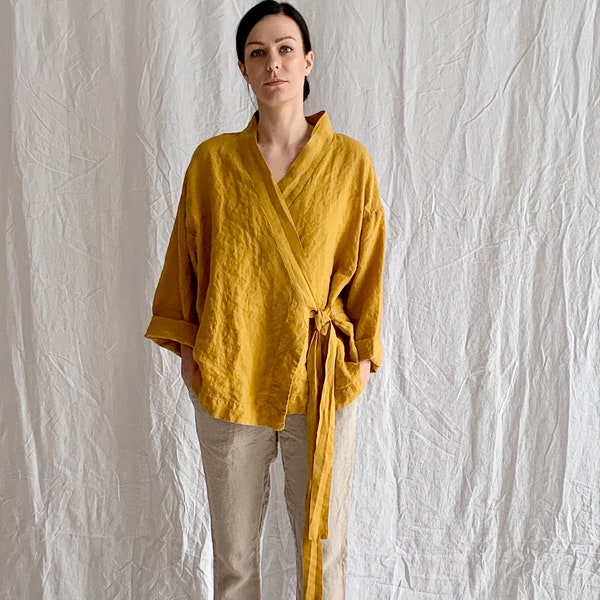 Linen wrap shirt AJO .Linen jacket.Japanese inspired oversize kimono jacket,linen wrap dress,  linen clothing for women