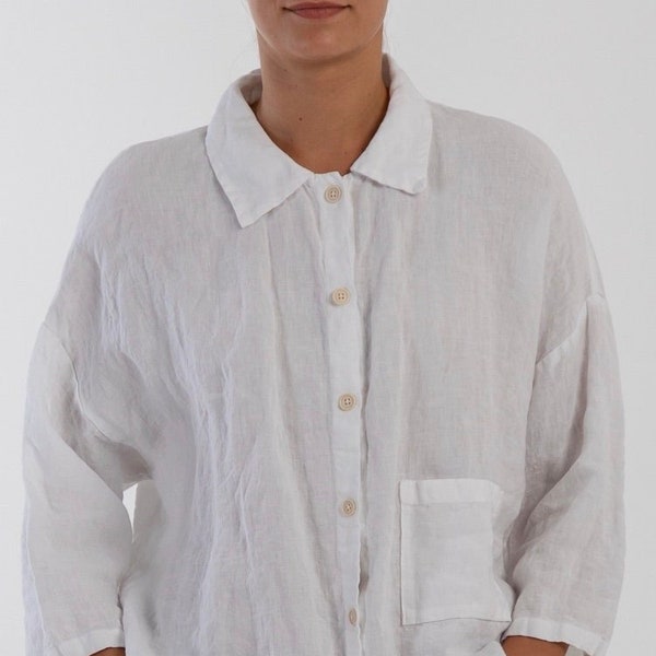 White Linen shirt LILY .   Linen shirt  women, 3/4 sleeves  shirt , plus size shirt, tunic shirt , boho shirt ,summer shirt.