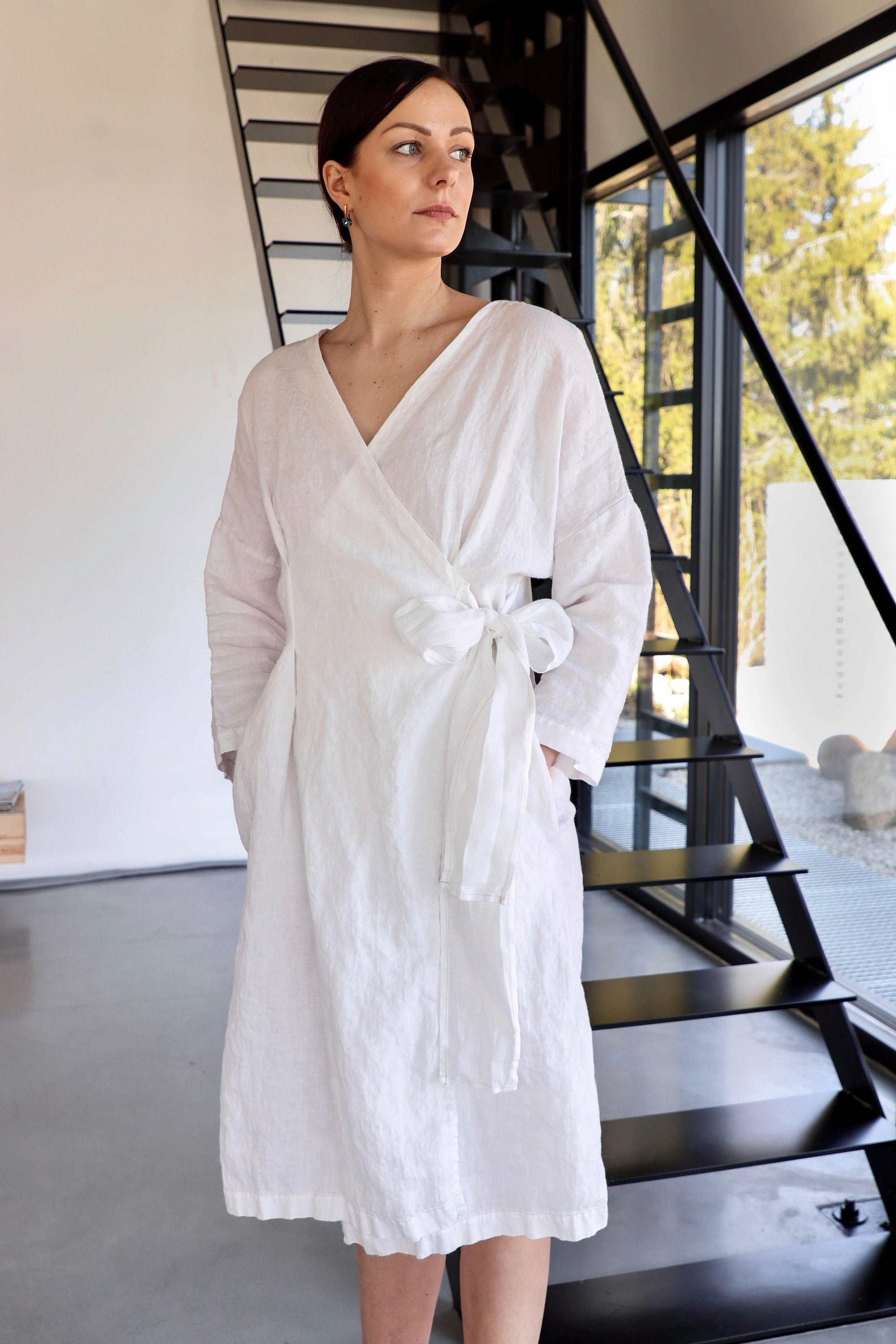 完売未使用タグ付　MYLAN Linen Ruffle Wrap Dress Wrap Gray Linen Dress, Linen Summer Dress, Long Linen Dress