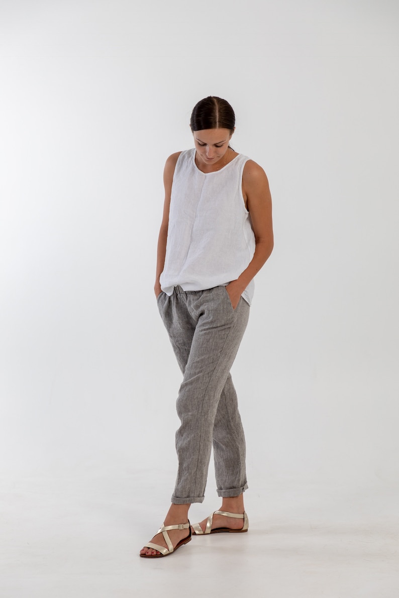 Natural linen pants BELLA . Washed women linen trousers. Linen clothing for women.Slightly tapered linen pants zdjęcie 8