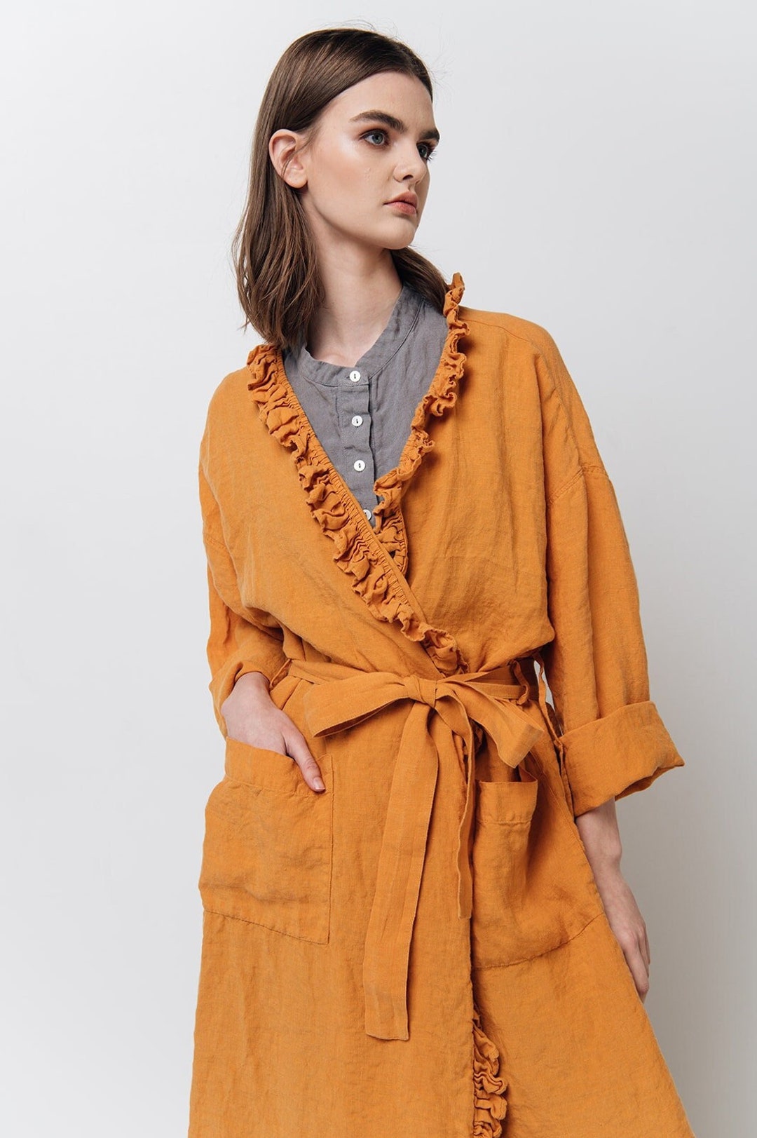 Linen Dress ADELE . Linen Wrap Dress . Linen Robe, Midi Dress Etsy