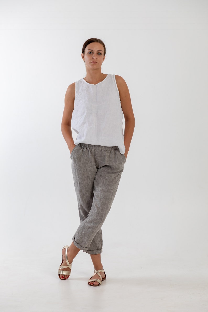Natural linen pants BELLA . Washed women linen trousers. Linen clothing for women.Slightly tapered linen pants zdjęcie 7