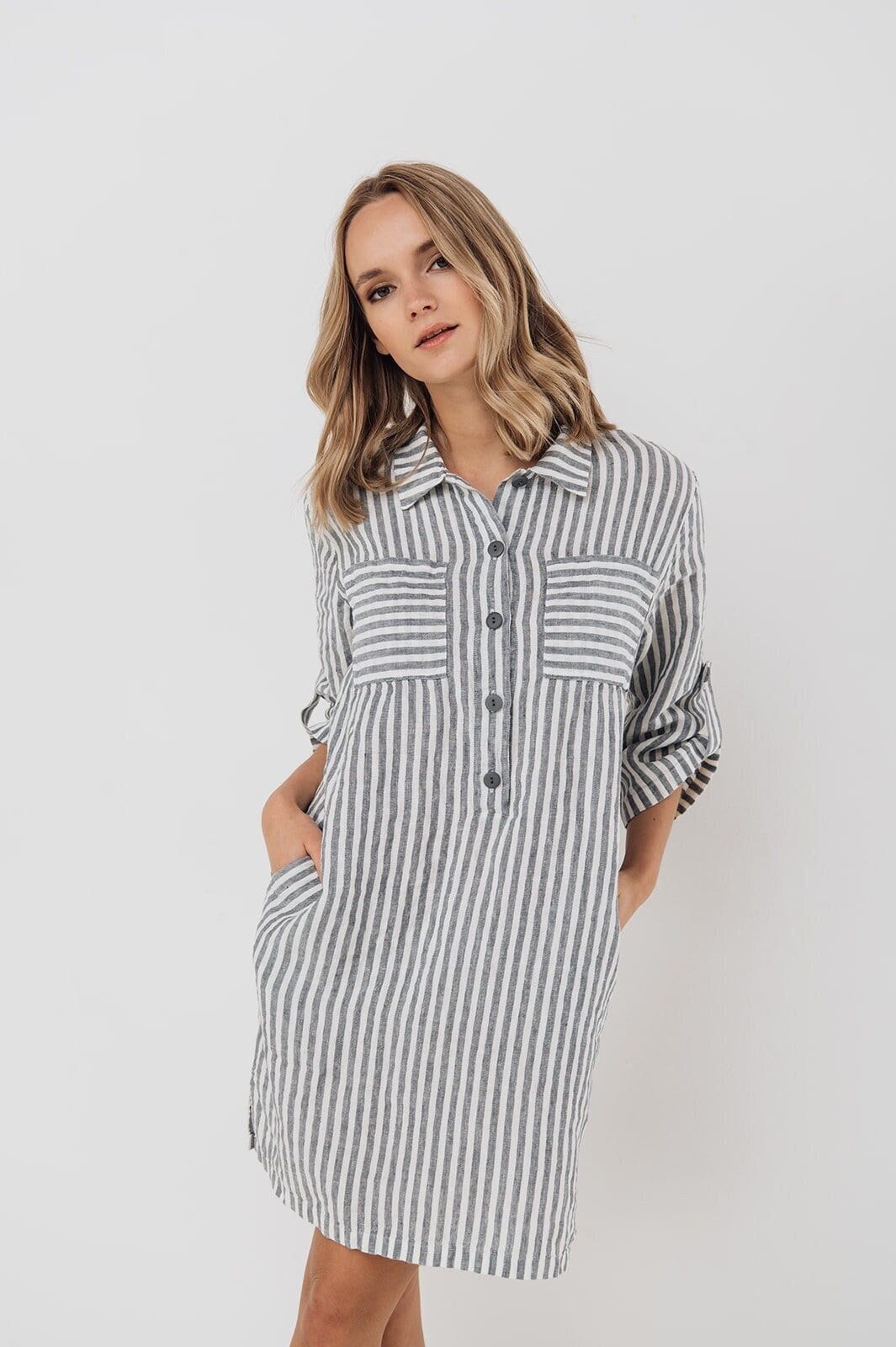 Robe Chemise D'Été Rayée - Coupe Ample, Manches Courtes, Poches - En Coton Pour Femme (Plusieurs Couleurs)