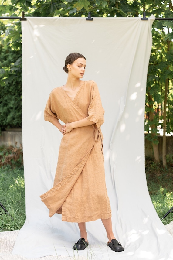 etsy linen wrap dress Linen Wrap Dress EVA. Linen Wrap Dress .linen Dress 3/4 Sleeves. Linen  Kaftan, Linen Coat, Linen Clothing for Women