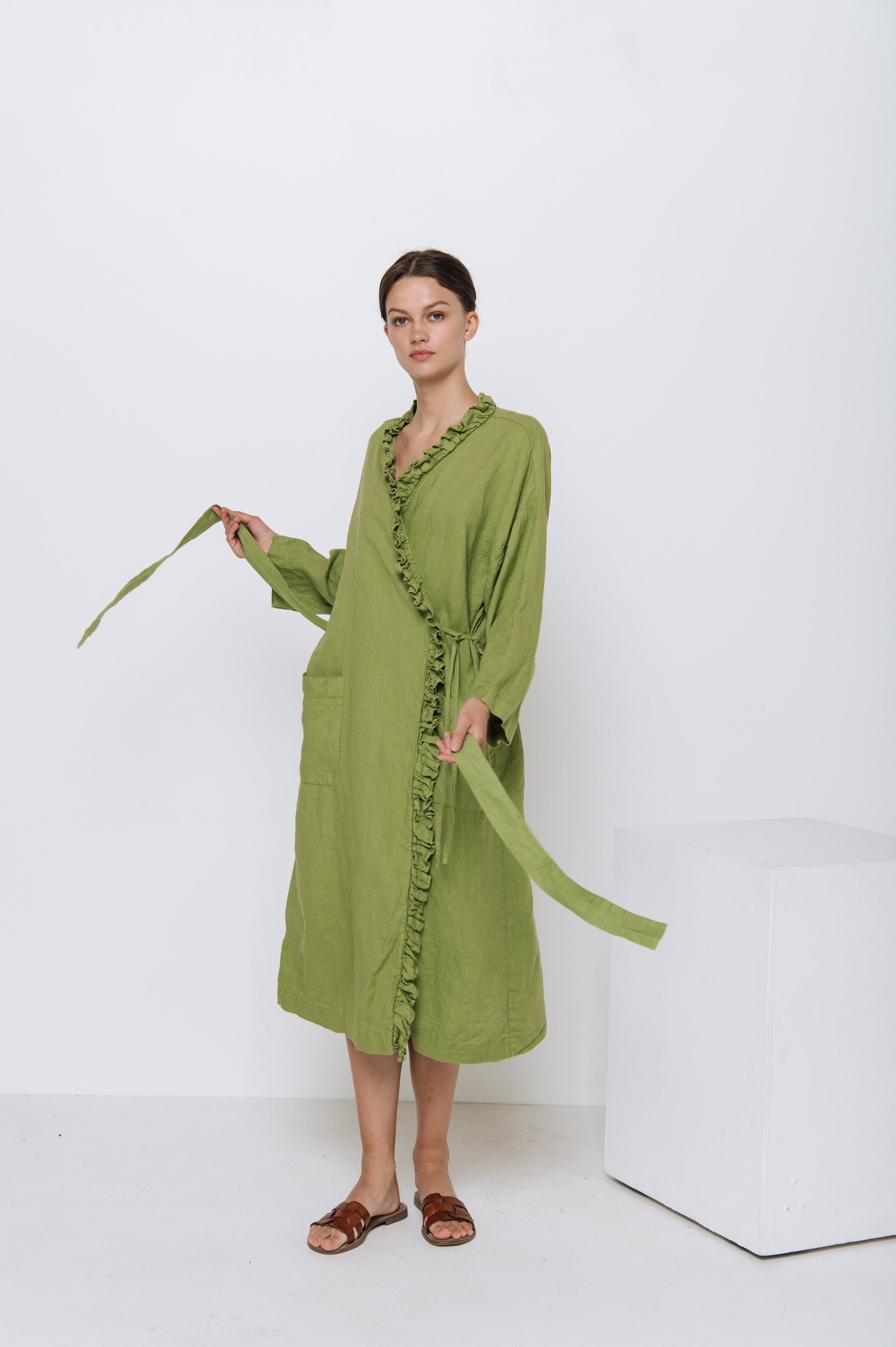 Linen Dress ADELE . Linen Wrap Dress . Linen Robe, Midi Dress - Etsy Israel