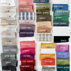 May include: A color chart of fabric swatches with names for each color, including dusty blue pinstripes, powder pink, cream, sky blue, dusty blue, blush, white, green olive, royal blue, havanna, oatmeal, aqua green, moss green, dusty blue stripes, white stripes, safari, green, dusty mauve, natural linen, sand, ocean green, lavender, light grey, camel, violet purple, light taupe, natural gingham, black, greige, flamingo, lemon, pink, grey taupe, fuchsia, very peri, grey pearl, purple, yellow, red wood, orange, greenery, grey, marsala, forest green, charcoal, burgundy, natural stripe, taupe melange, ebony brown.
