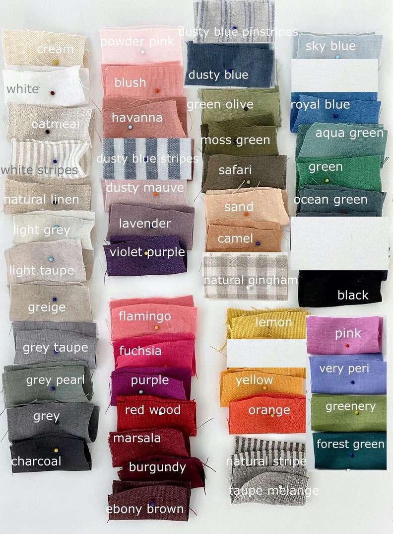 May include: A color chart of fabric swatches with names for each color, including dusty blue pinstripes, powder pink, cream, sky blue, dusty blue, blush, white, green olive, royal blue, havanna, oatmeal, aqua green, moss green, dusty blue stripes, white stripes, safari, green, dusty mauve, natural linen, sand, ocean green, lavender, light grey, camel, violet purple, light taupe, natural gingham, black, greige, flamingo, lemon, pink, grey taupe, fuchsia, very peri, grey pearl, purple, yellow, red wood, orange, greenery, grey, marsala, forest green, charcoal, burgundy, natural stripe, taupe melange, ebony brown.