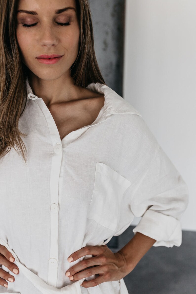 White Linen Shirt LIANE. Linen Shirt Women, Long Sleeves Shirt , 3 XL — free download