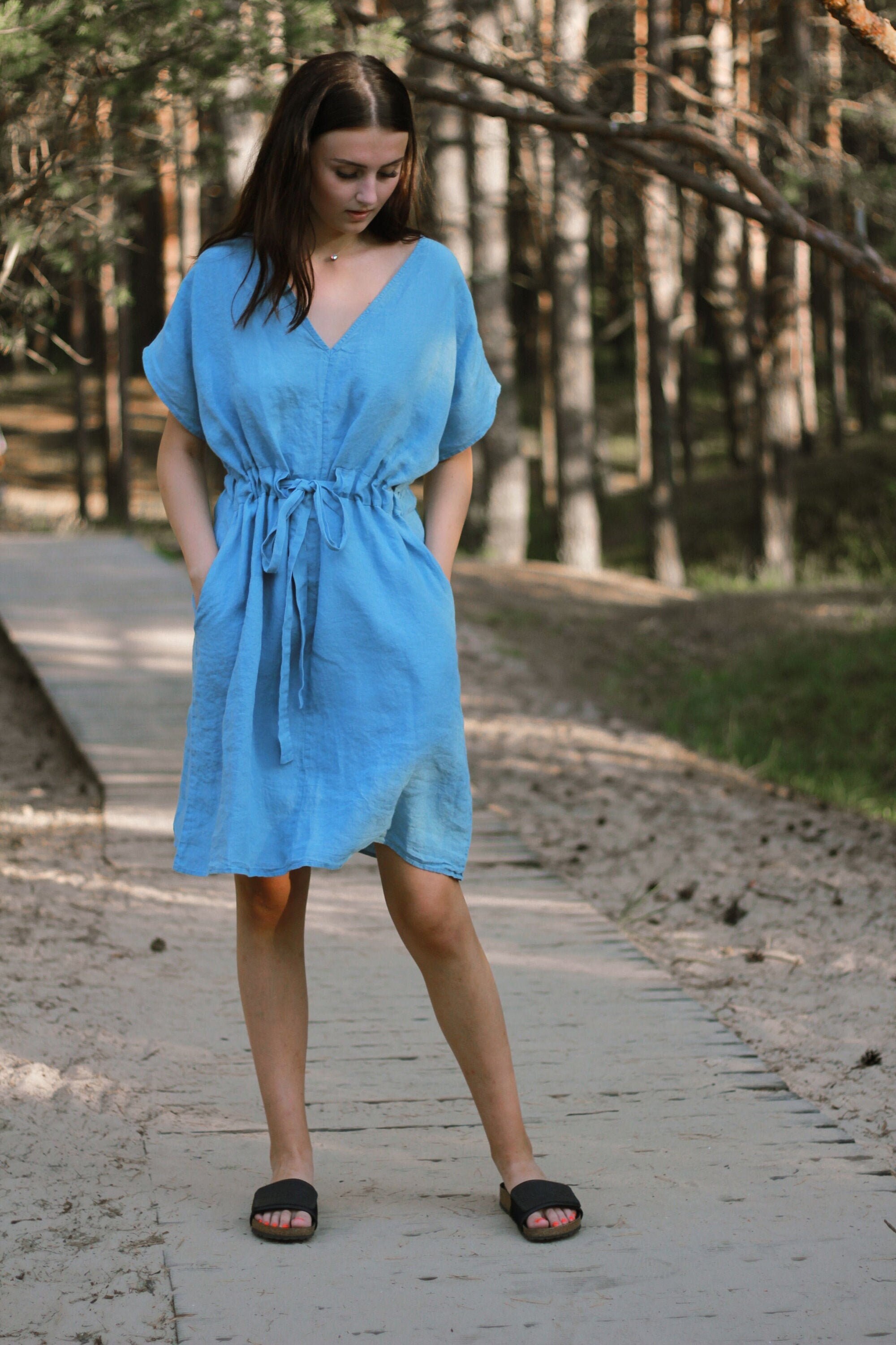 wafu 仕立て直し　リネンデニムドレスジャケット　チュニック　フレンチリネン リネンワンピース】wafu 鍵盤タックドレス / 留紺(とめこん) a013o-tmk1