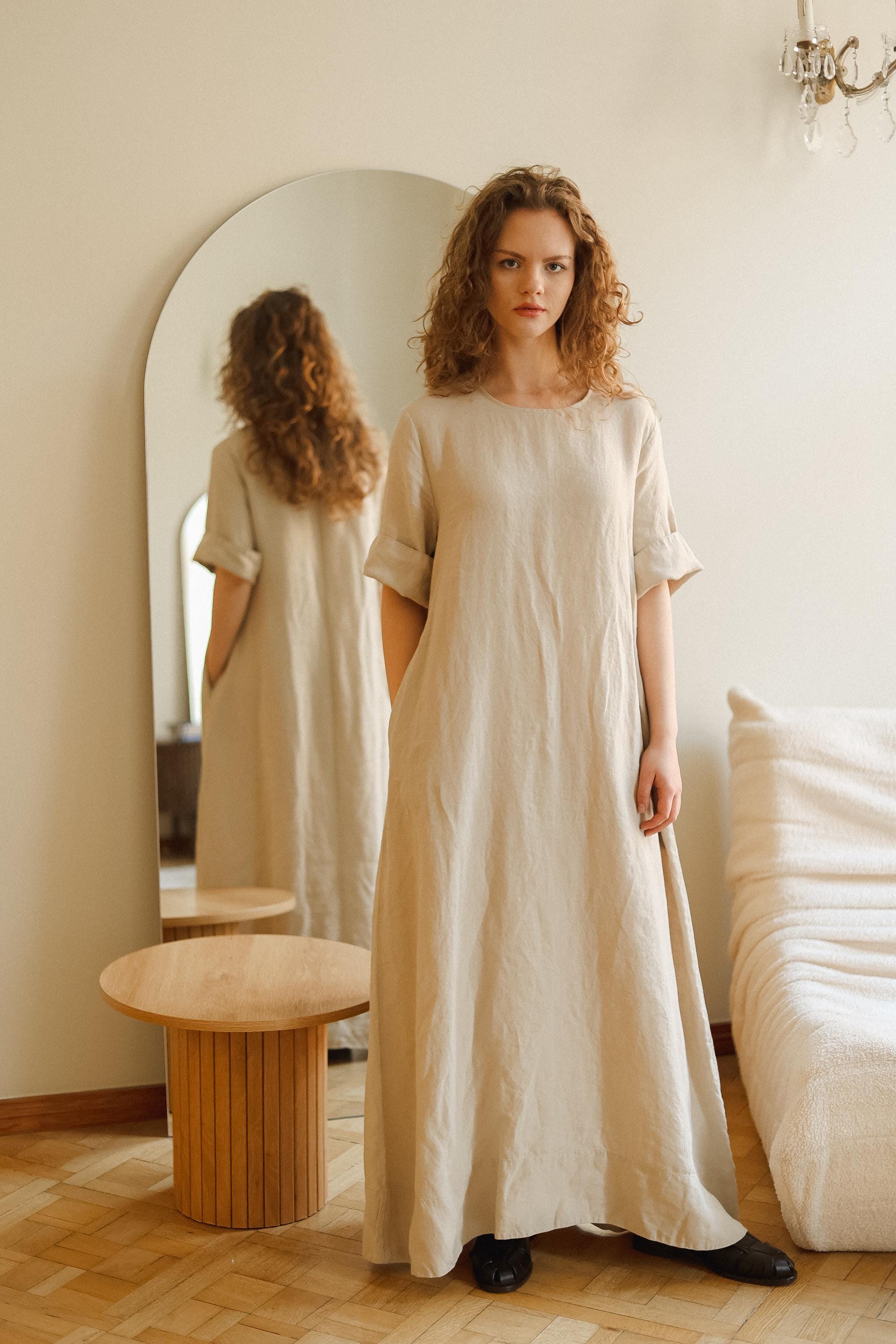 Printed Dress Linen Large Maxi Dresses Long Sleeve Linen Maxi Dress,  Women's Flax Linen Dresses Shantima