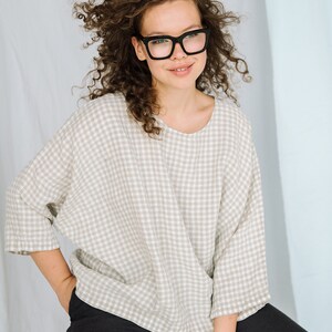 Linen shirt GINGHAM . Linen shirt for women, 3/4 sleeve shirt , plus size shirt, tunic shirt , boho shirt oversized image 7