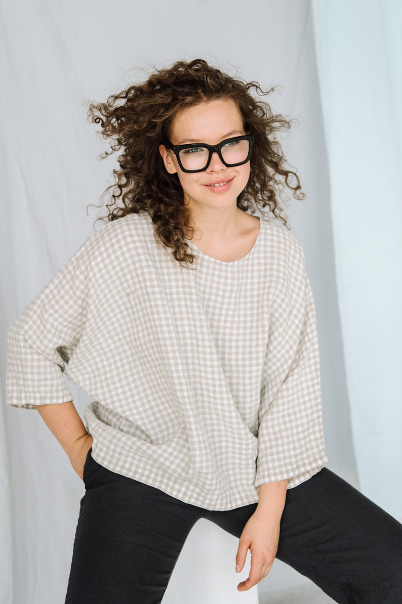 Linen shirt GINGHAM . Linen shirt for women, 3/4 sleeve shirt , plus size shirt, tunic shirt , boho shirt oversized image 7