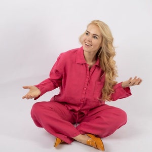 Linen pajama Erica , Linen set . Linen shirt and linen pants, monochrome clothing, linen pajamas image 2