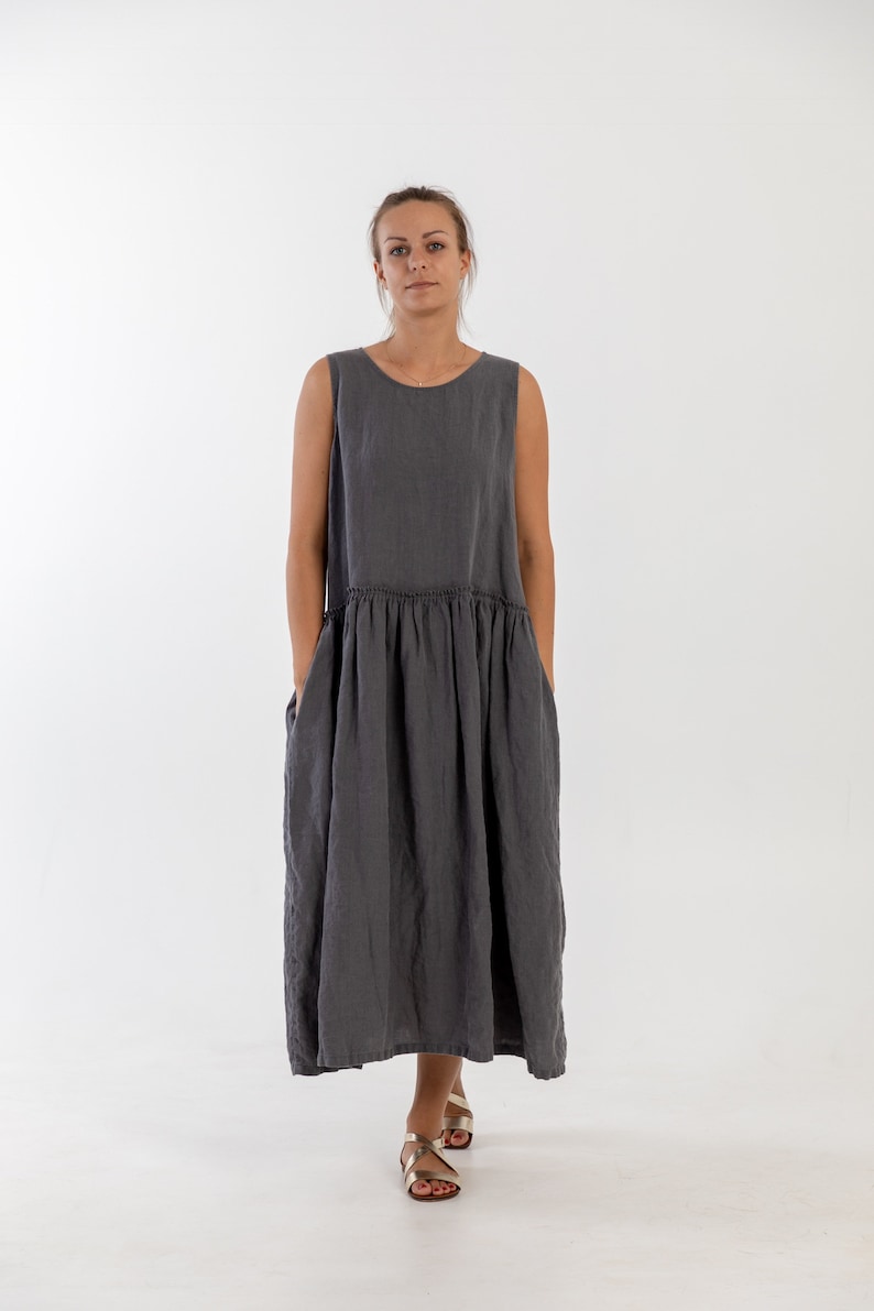 Linen Dress SUSAN. Grey Linen Dress Ruffle Waist Linen Dress. Etsy