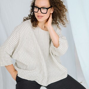 Linen shirt GINGHAM . Linen shirt for women, 3/4 sleeve shirt , plus size shirt, tunic shirt , boho shirt oversized image 5