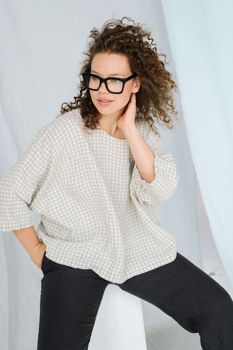 Linen shirt GINGHAM . Linen shirt for women, 3/4 sleeve shirt , plus size shirt, tunic shirt , boho shirt oversized image 5