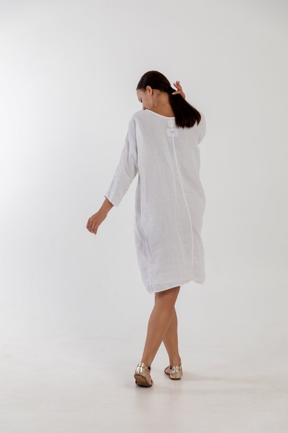 White Linen Dress Sara 3/4 Sleeves. Knee Length Dress. Linen Tunic Dress.Stonewashed Linen Dress Relaxed Fit