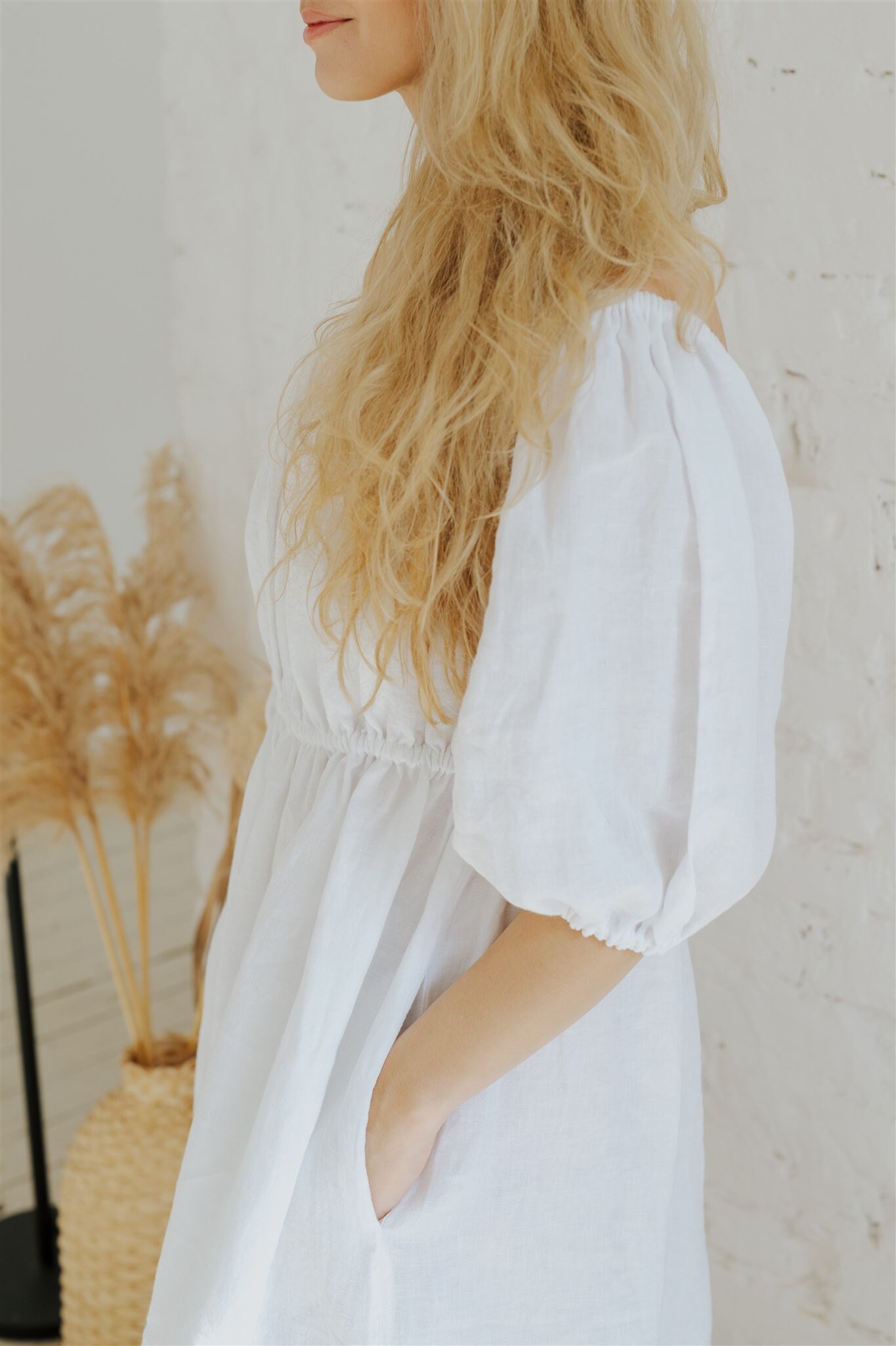 Linen Dress Peony Bloom. Off The Shoulder Dress.Linen Dress. Long Linen Dress . Linen Kaftan, Linen Clothing for Women.White Dress