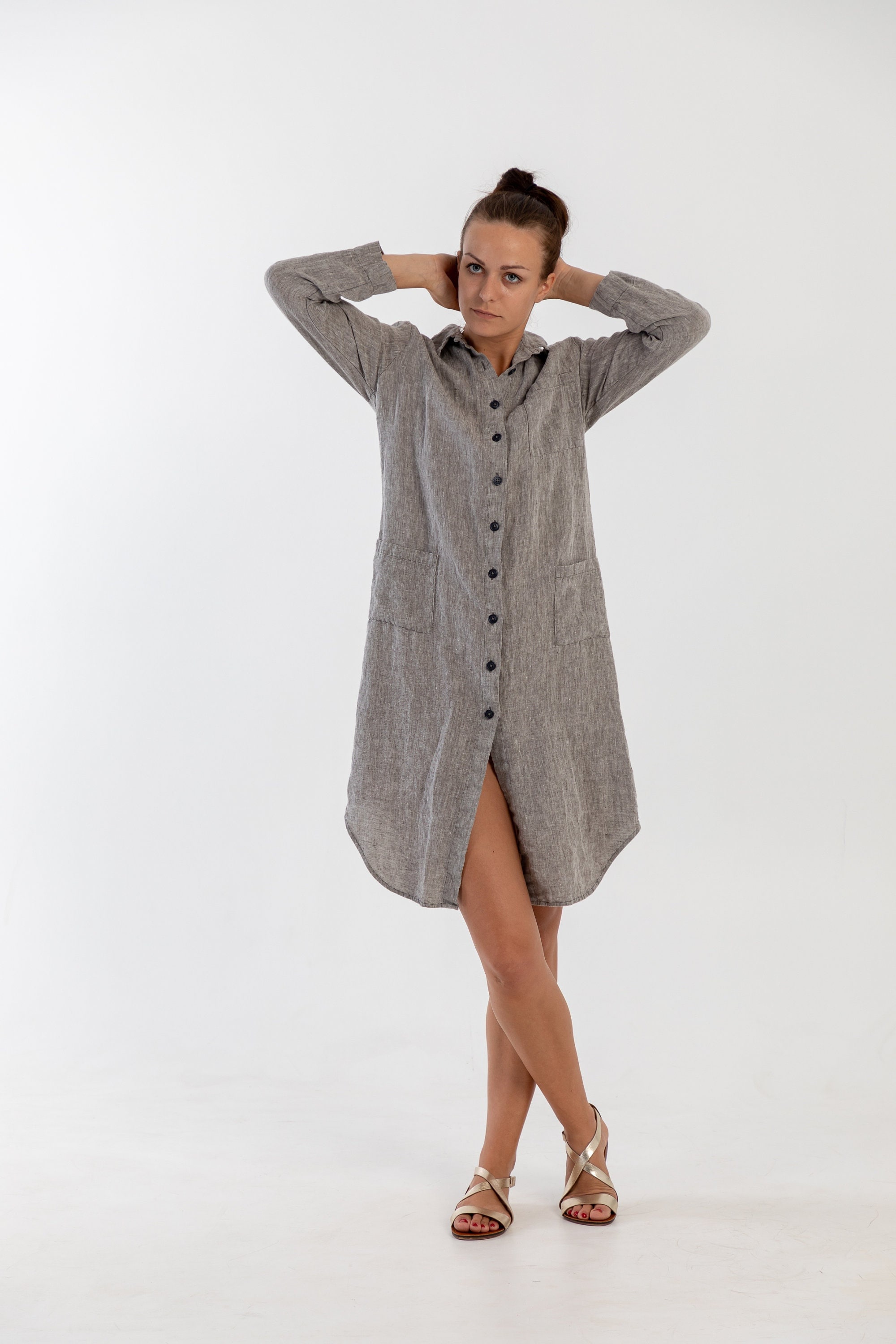 Linen shirt dress HAZEL. Knee length dress. Linen tunic dress, linen clothing for women