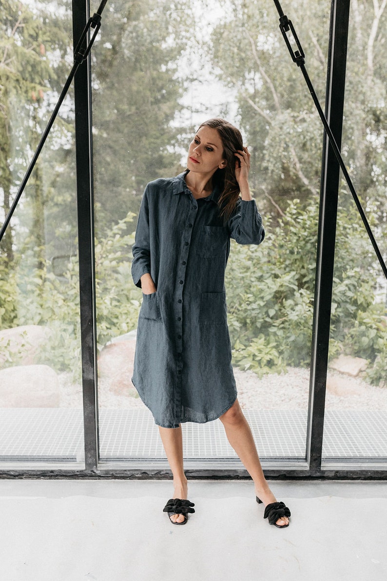 Linen shirt dress HAZEL. Knee length dress. Linen tunic dress, linen clothing for women image 9