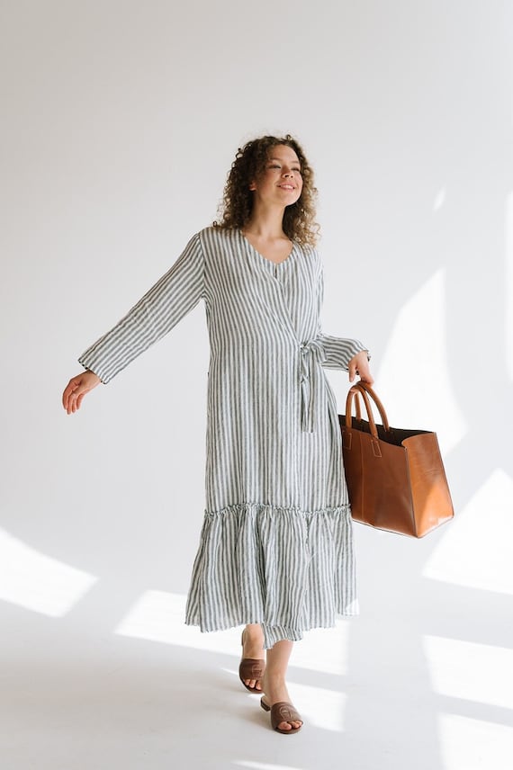 Linen wrap dress PARIS , Linen dress with pockets .