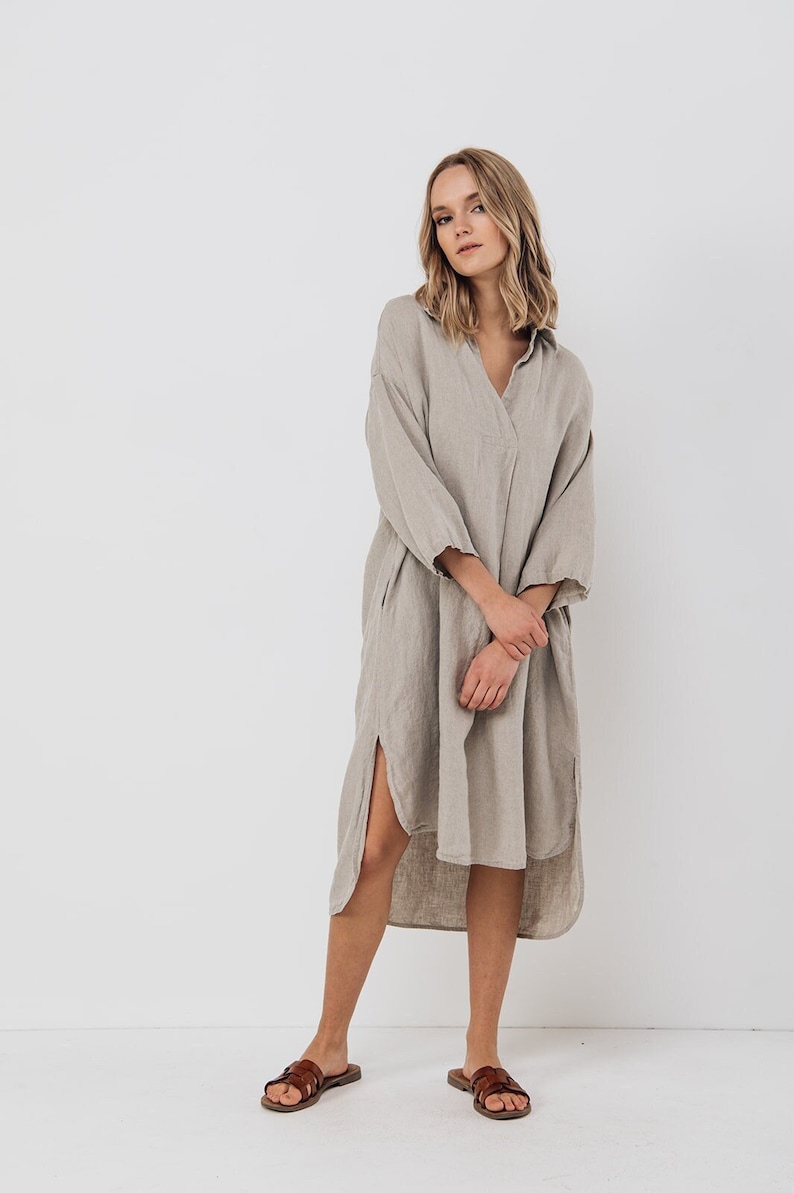 Linen tunic dress SIMPLE . Midi dress with pockets image 1