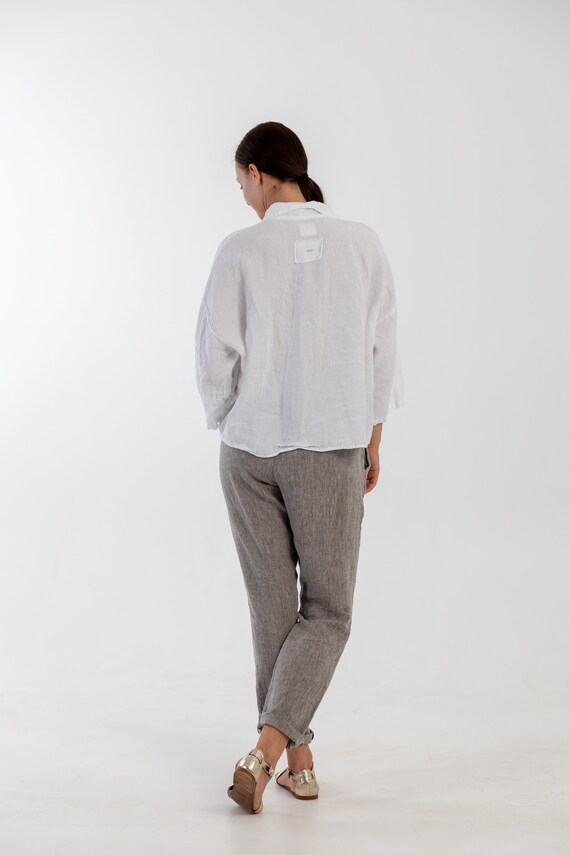 White Linen Shirt LILY . Linen Shirt Women, 3/4 Sleeves