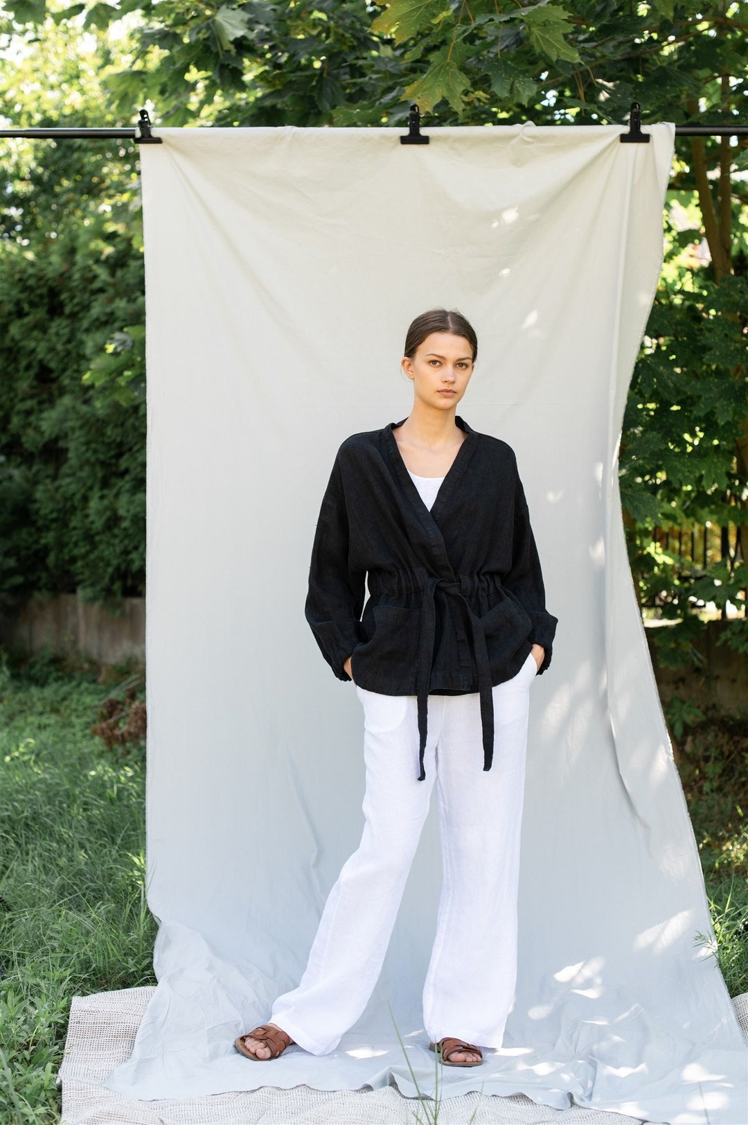 Linen Jacket ROUGH . Black Jacket. Linen Coat. Linen Wrap Coat . Linen