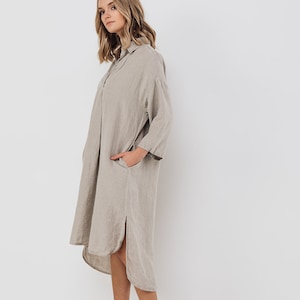 Linen tunic dress SIMPLE . Midi dress with pockets image 2