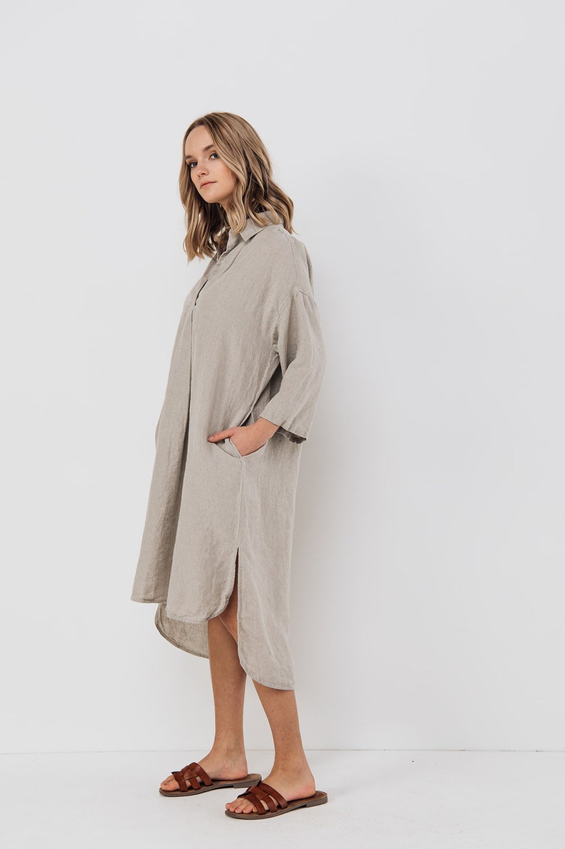 Linen tunic dress SIMPLE . Midi dress with pockets image 2