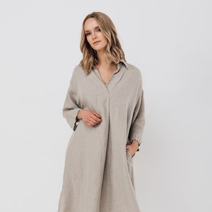 Linen tunic dress SIMPLE . Midi dress with pockets image 3