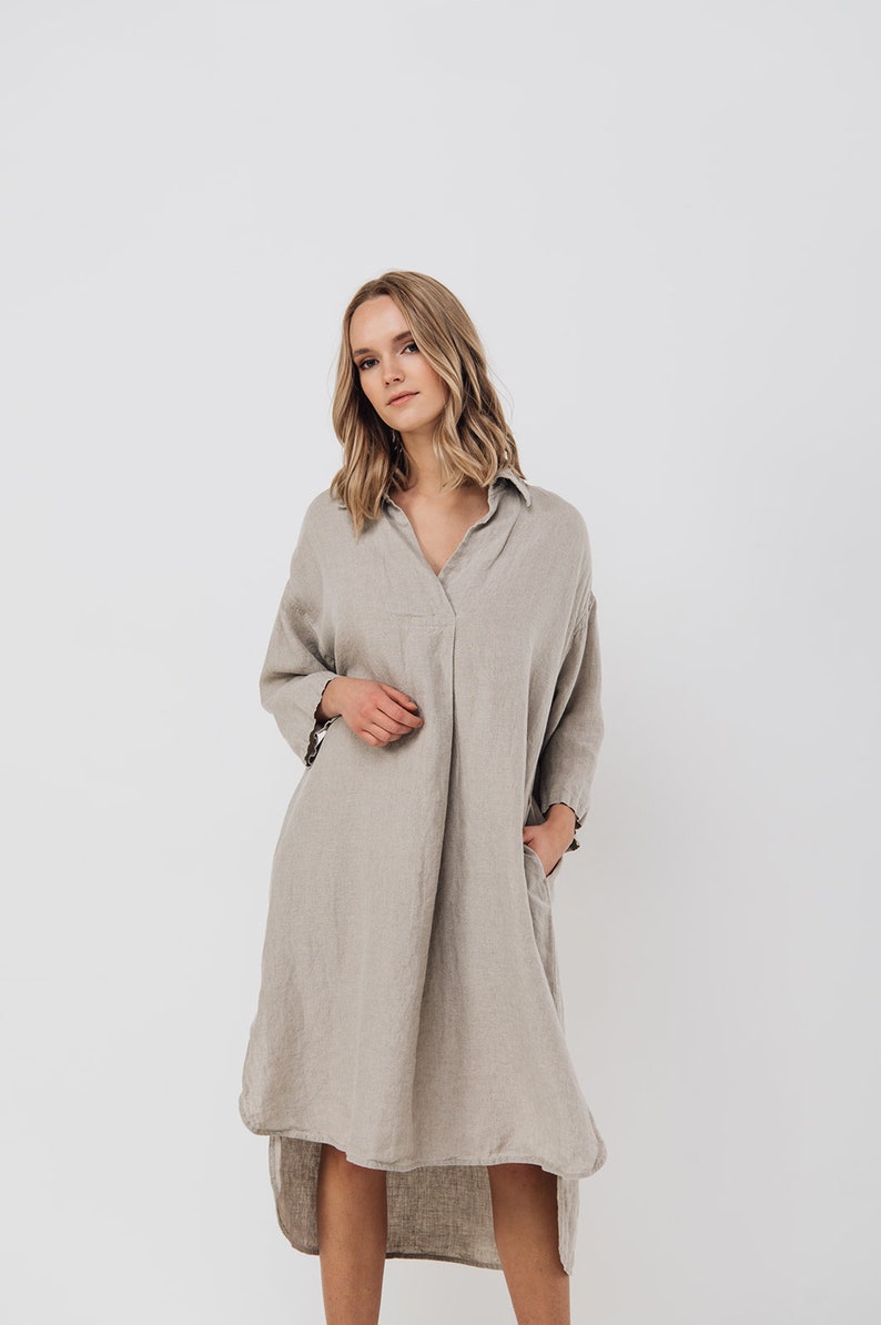 Linen tunic dress SIMPLE . Midi dress with pockets image 3