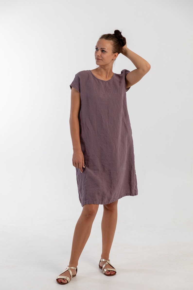 Linen dress ALICE .Knee length dress . Short sleeves dress image 2